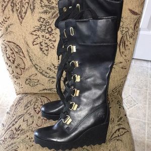 TIMBERLAND BLACK TIE UP KNEE HI BOOTS